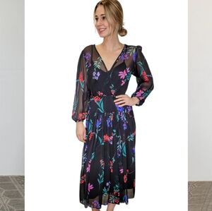 CALVIN KLEIN BLACK FLORAL FAUX WRAP MIDI/MAXI DRESS